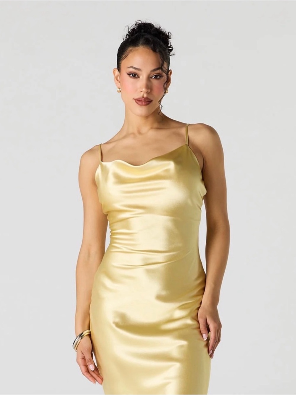 Bardot Satin Cowl Neck Slip Dress in Golden Yellow